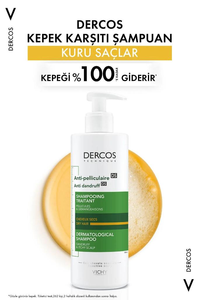 Vichy Dercos Anti Dandruff Ds Cheveux Secs Dry Hair Shampoo 390 ml (Kepeğe Karşi Etkili Bakim Şampuani -Kuru Saçlar)